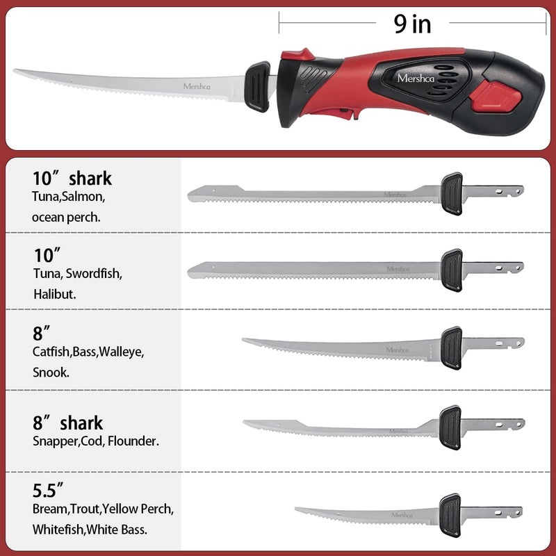 Mershca Cordless Electric Fillet Knife, with 5 Ti-Nitride S.S. Coated Non-Stick Reciprocating Blades & Cooling Hole Non-Slip Grip Handle & Practical handbag, Rechargeable Electric Knife for Fishing - Image 3